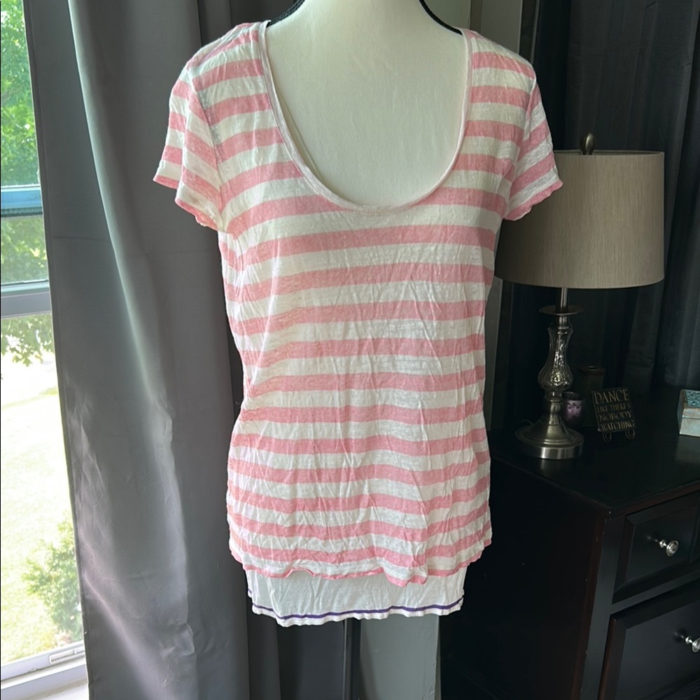 Pink and White Striped Layered Short Sleeve T-Shirt